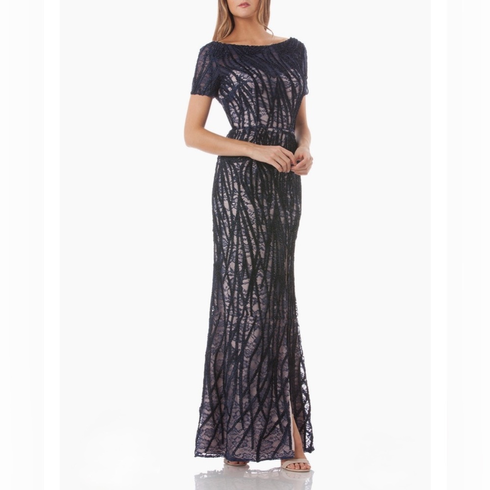 JS COLLECTION EMBROIDERED LACE ILLUSION NECK Navy Short Sleeve Full-Length Gown